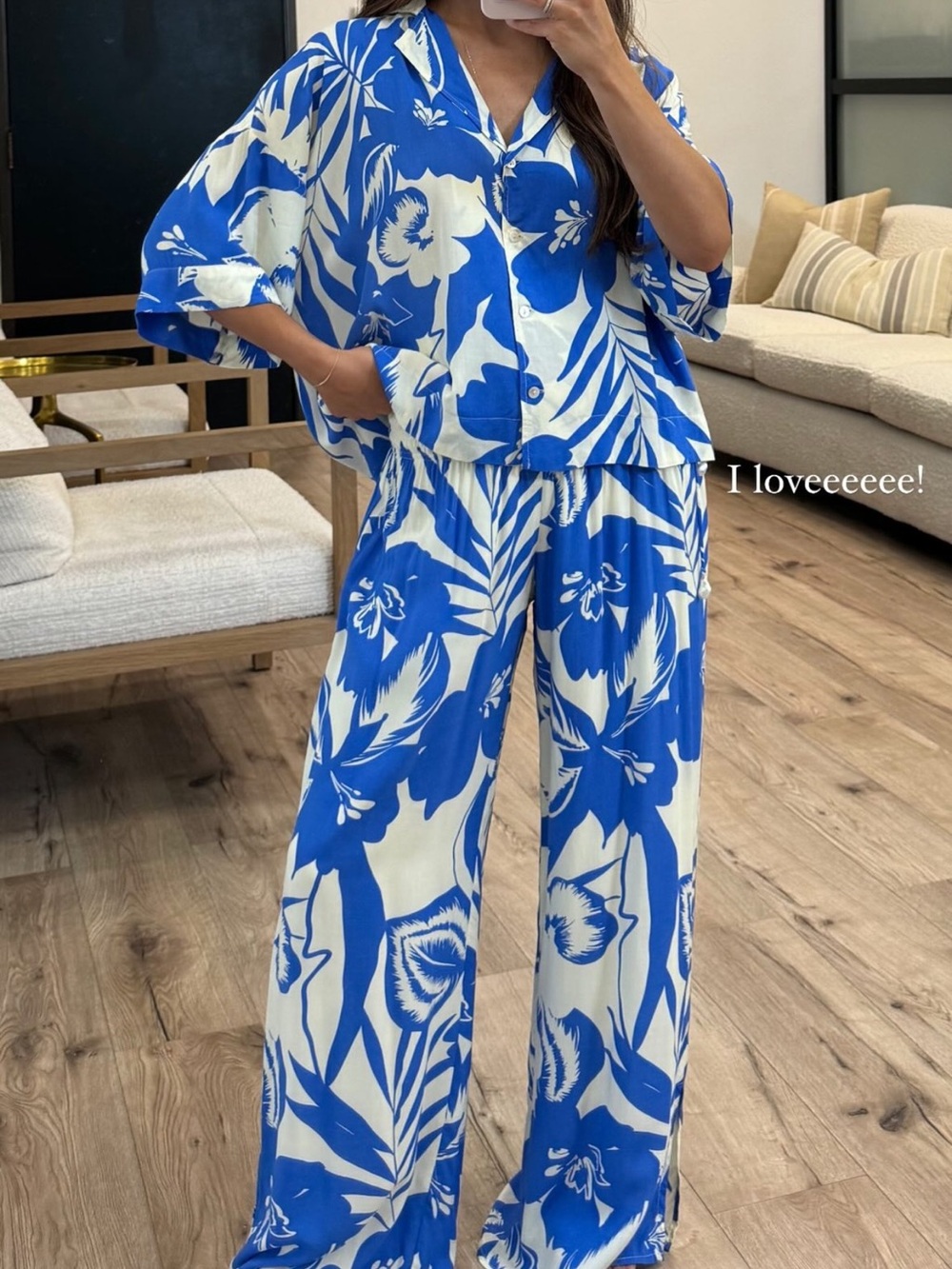 Blue & White Floral Wide Leg Pants by